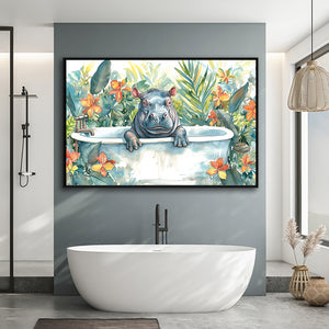 Baby Hippo In Bathtub Bathroom Print Tropical Leave, Bathroom Art Decor Framed Canvas Prints Wall Art,Floating Frame