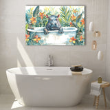 Baby Hippo In Bathtub Bathroom Print Tropical Leave, Bathroom Art Decor Canvas Prints Wall Art, Animal Bathroom Art