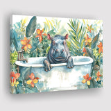 Baby Hippo In Bathtub Bathroom Print Tropical Leave, Bathroom Art Decor Canvas Prints Wall Art, Animal Bathroom Art