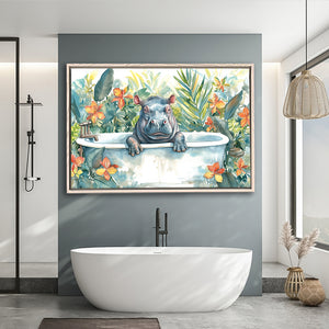 Baby Hippo In Bathtub Bathroom Print Tropical Leave, Bathroom Art Decor Framed Canvas Prints Wall Art,Floating Frame