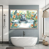 Baby Hippo In Bathtub Bathroom Print Tropical Leave, Bathroom Art Decor Framed Canvas Prints Wall Art,Floating Frame