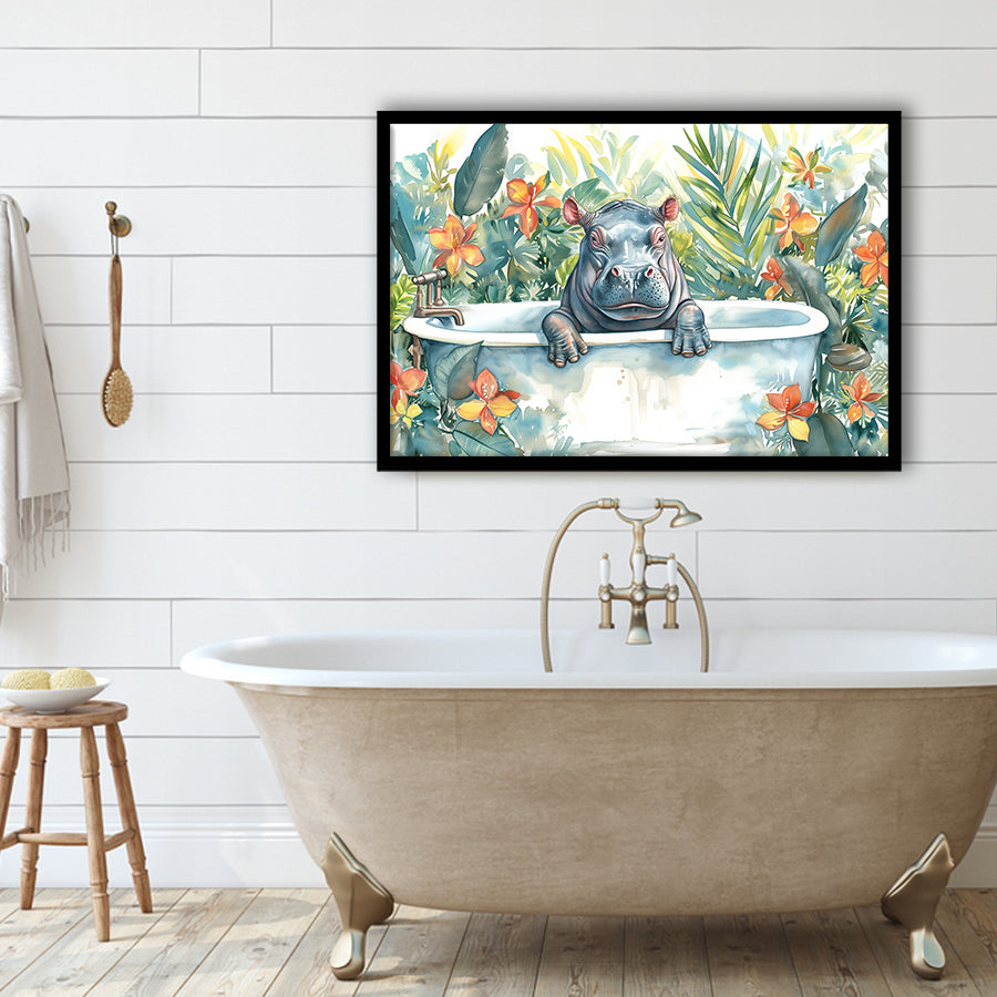 Baby Hippo In Bathtub Bathroom Print Tropical Leave, Bathroom Art Decor Framed Art PrintsWall Art, Animal Bathroom Art