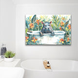 Baby Hippo In Bathtub Bathroom Print Tropical Leave, Bathroom Art Decor Canvas Prints Wall Art, Animal Bathroom Art