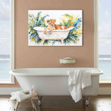 Baby Lion In Bathtub Bathroom Print Tropical Leave, Bathroom Art Decor Canvas Prints Wall Art, Animal Bathroom Art