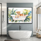 Baby Lion In Bathtub Bathroom Print Tropical Leave, Bathroom Art Decor Framed Canvas Prints Wall Art,Floating Frame