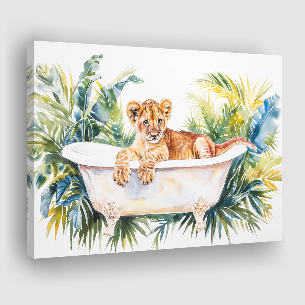 Baby Lion In Bathtub Bathroom Print Tropical Leave, Bathroom Art Decor Canvas Prints Wall Art, Animal Bathroom Art