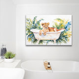 Baby Lion In Bathtub Bathroom Print Tropical Leave, Bathroom Art Decor Canvas Prints Wall Art, Animal Bathroom Art