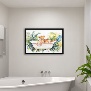 Baby Lion In Bathtub Bathroom Print Tropical Leave, Bathroom Art Decor Framed Canvas Prints Wall Art,Floating Frame
