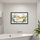 Baby Lion In Bathtub Bathroom Print Tropical Leave, Bathroom Art Decor Framed Canvas Prints Wall Art,Floating Frame