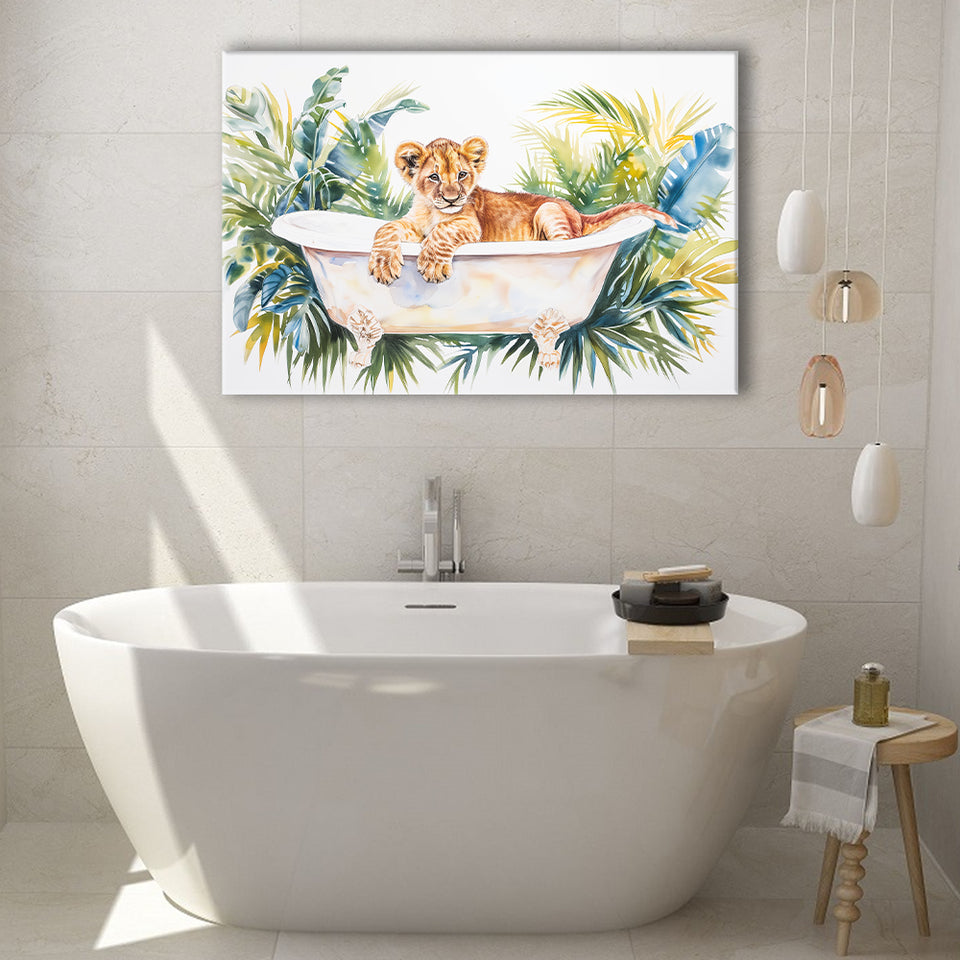 Baby Lion In Bathtub Bathroom Print Tropical Leave, Bathroom Art Decor Canvas Prints Wall Art, Animal Bathroom Art