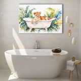 Baby Lion In Bathtub Bathroom Print Tropical Leave, Bathroom Art Decor Canvas Prints Wall Art, Animal Bathroom Art
