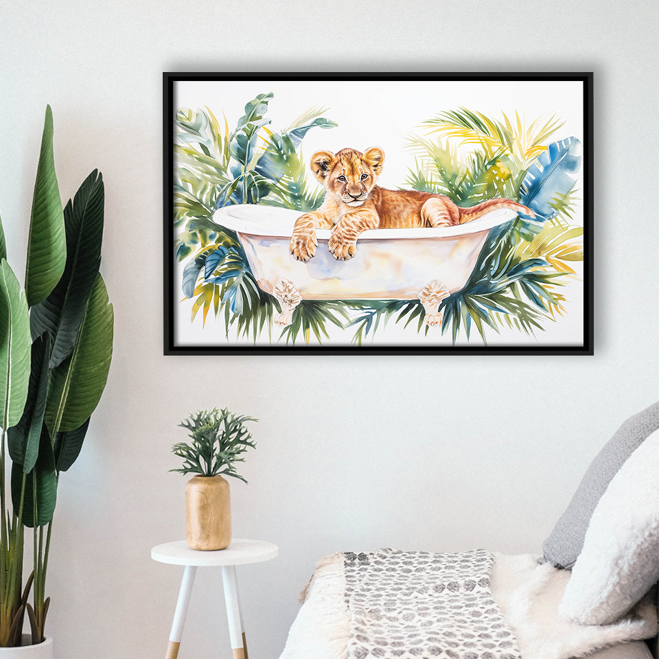 Baby Lion In Bathtub Bathroom Print Tropical Leave, Bathroom Art Decor Framed Canvas Prints Wall Art,Floating Frame