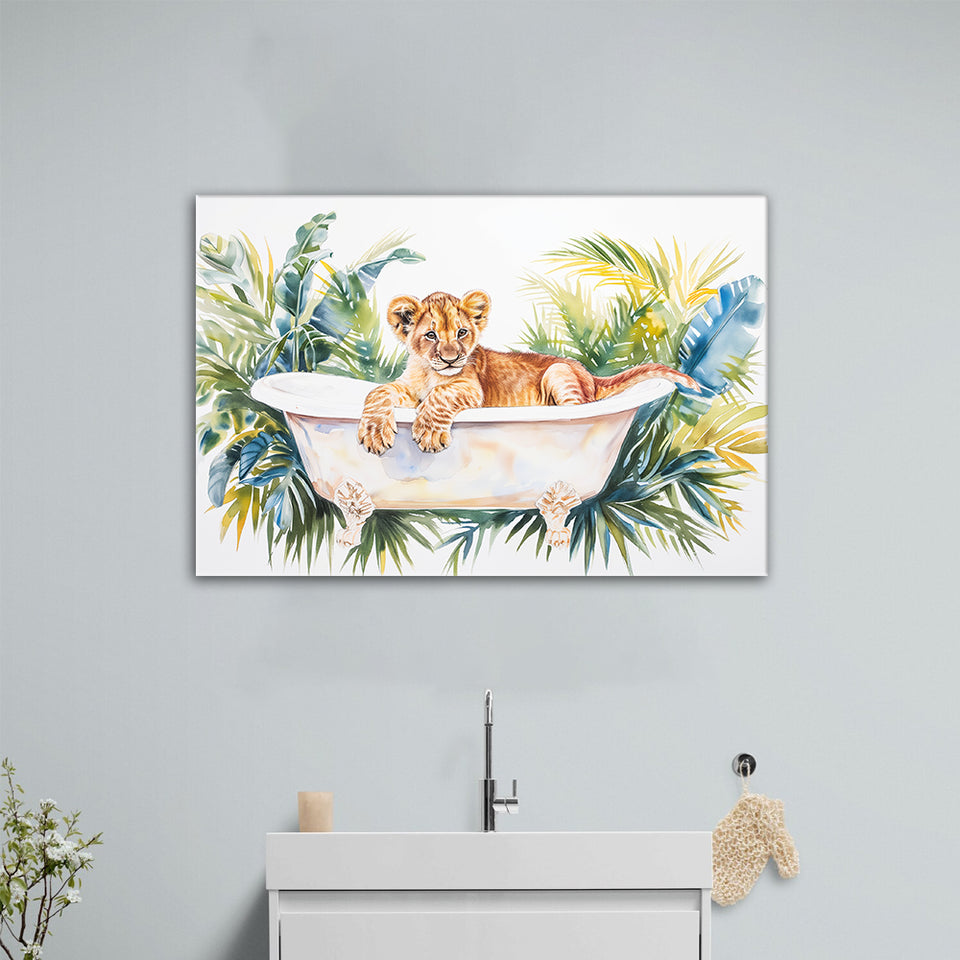 Baby Lion In Bathtub Bathroom Print Tropical Leave, Bathroom Art Decor Canvas Prints Wall Art, Animal Bathroom Art