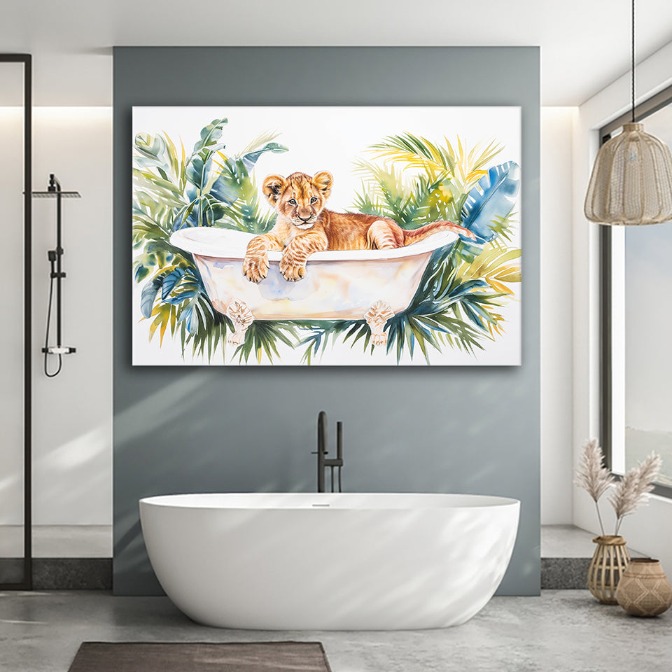 Baby Lion In Bathtub Bathroom Print Tropical Leave, Bathroom Art Decor Canvas Prints Wall Art, Animal Bathroom Art