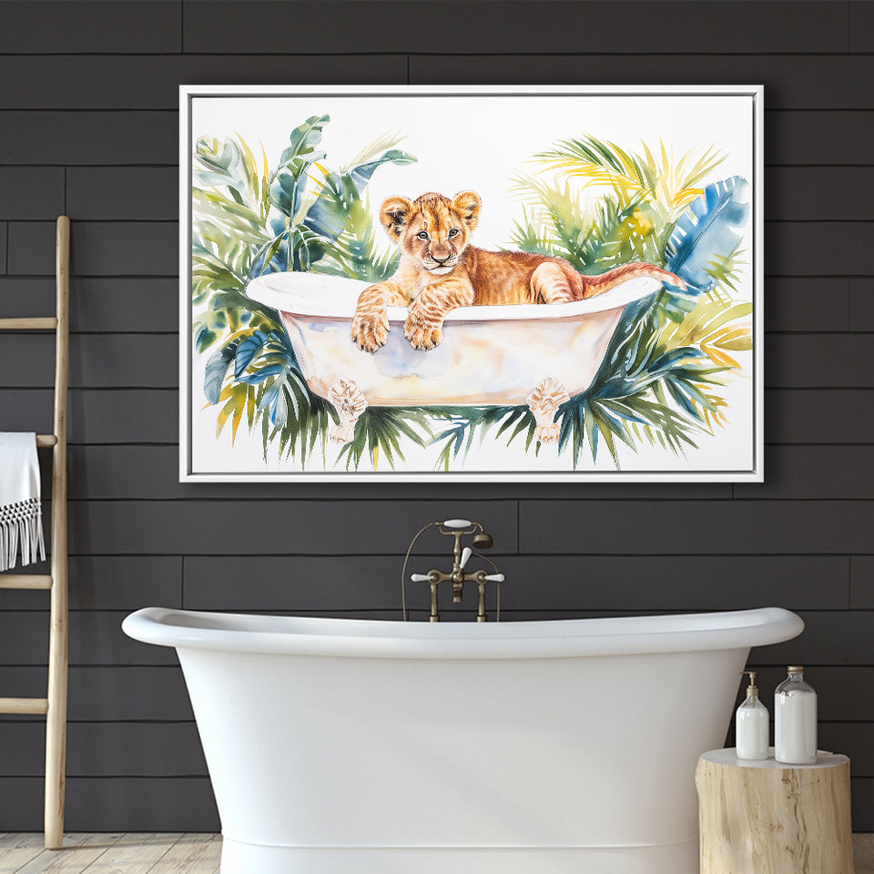 Baby Lion In Bathtub Bathroom Print Tropical Leave, Bathroom Art Decor Framed Canvas Prints Wall Art,Floating Frame