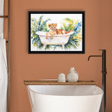Baby Lion In Bathtub Bathroom Print Tropical Leave, Bathroom Art Decor Framed Canvas Prints Wall Art,Floating Frame