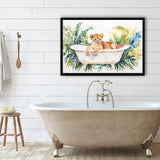 Baby Lion In Bathtub Bathroom Print Tropical Leave, Bathroom Art Decor Framed Art PrintsWall Art, Animal Bathroom Art