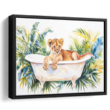 Baby Lion In Bathtub Bathroom Print Tropical Leave, Bathroom Art Decor Framed Canvas Prints Wall Art,Floating Frame