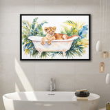 Baby Lion In Bathtub Bathroom Print Tropical Leave, Bathroom Art Decor Framed Canvas Prints Wall Art,Floating Frame