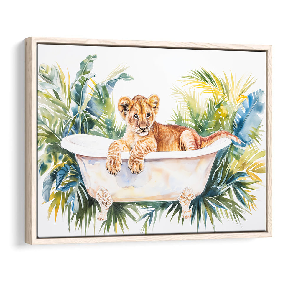 Baby Lion In Bathtub Bathroom Print Tropical Leave, Bathroom Art Decor Framed Canvas Prints Wall Art,Floating Frame