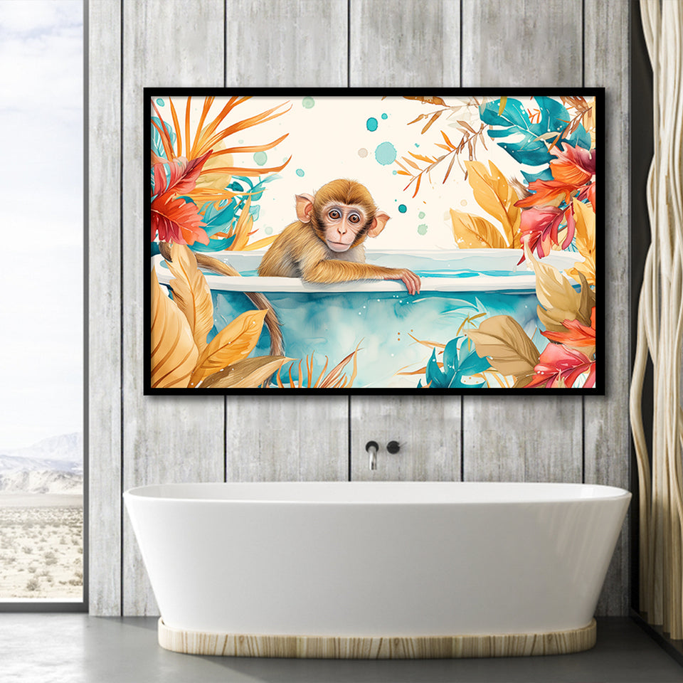 Baby Monkey In Bathtub Bathroom Print Tropical Leave, Bathroom Art Decor Framed Art PrintsWall Art, Animal Bathroom Art