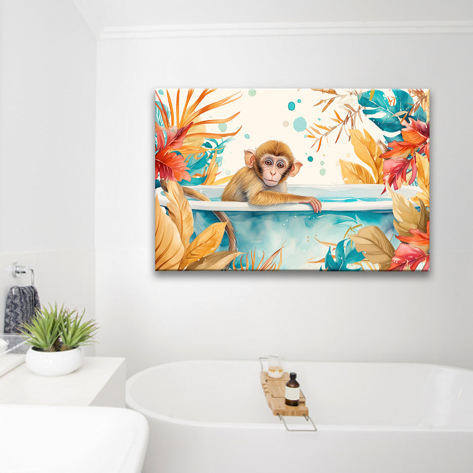 Baby Monkey In Bathtub Bathroom Print Tropical Leave, Bathroom Art Decor Canvas Prints Wall Art, Animal Bathroom Art