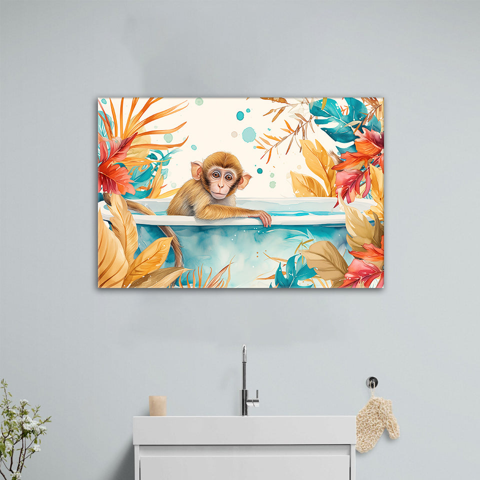 Baby Monkey In Bathtub Bathroom Print Tropical Leave, Bathroom Art Decor Canvas Prints Wall Art, Animal Bathroom Art