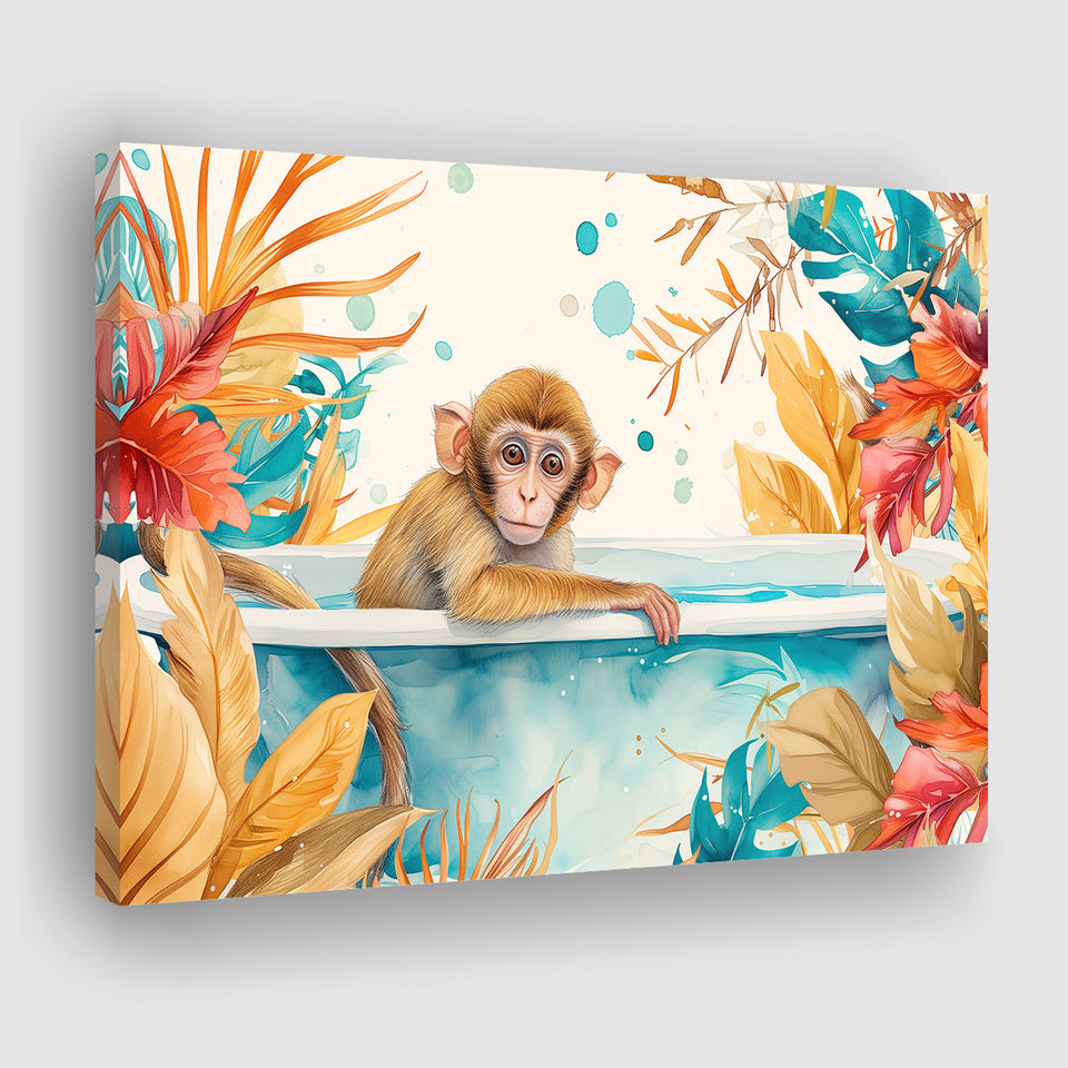 Baby Monkey In Bathtub Bathroom Print Tropical Leave, Bathroom Art Decor Canvas Prints Wall Art, Animal Bathroom Art