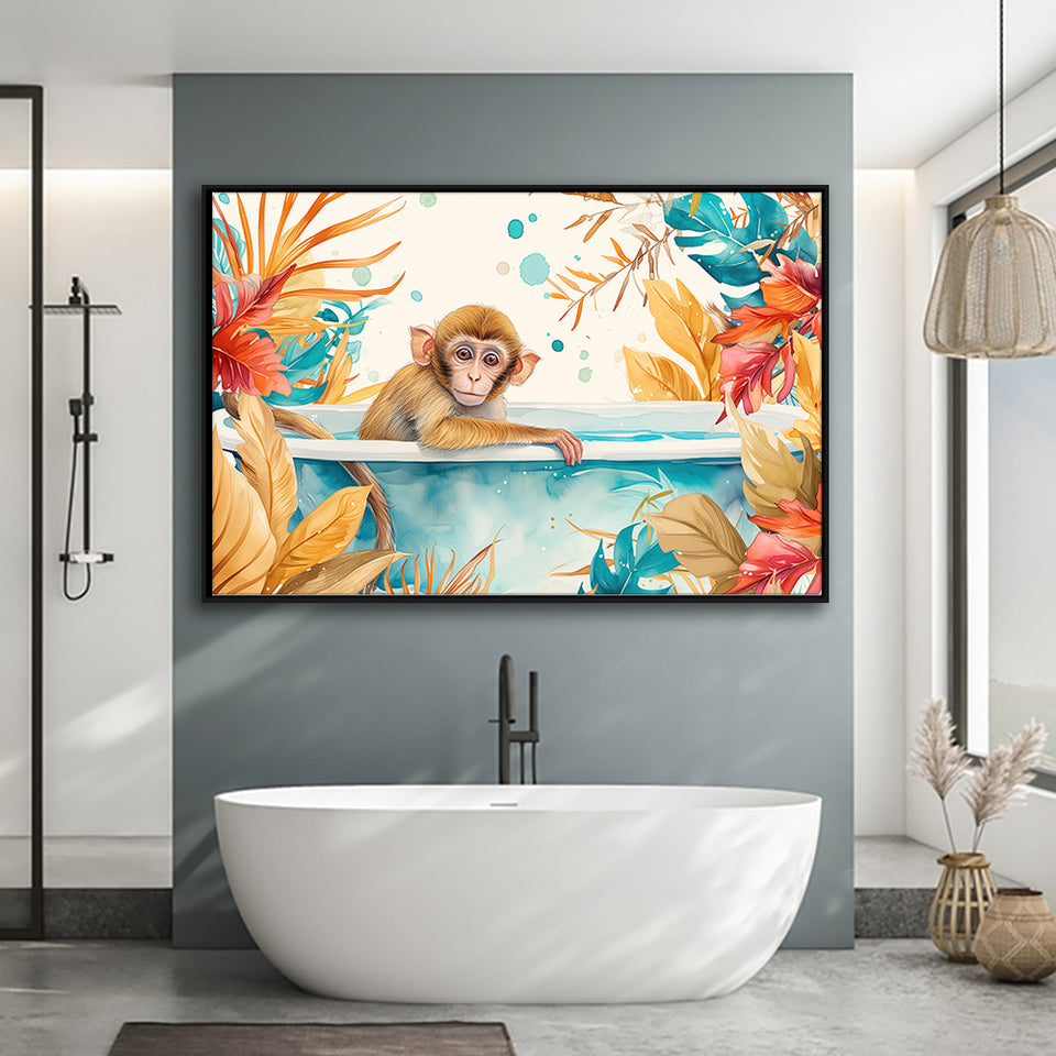 Baby Monkey In Bathtub Bathroom Print Tropical Leave, Bathroom Art Decor Framed Canvas Prints Wall Art,Floating Frame