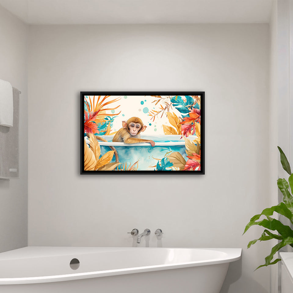 Baby Monkey In Bathtub Bathroom Print Tropical Leave, Bathroom Art Decor Framed Canvas Prints Wall Art,Floating Frame