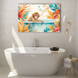 Baby Monkey In Bathtub Bathroom Print Tropical Leave, Bathroom Art Decor Canvas Prints Wall Art, Animal Bathroom Art