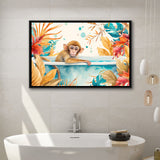 Baby Monkey In Bathtub Bathroom Print Tropical Leave, Bathroom Art Decor Framed Canvas Prints Wall Art,Floating Frame