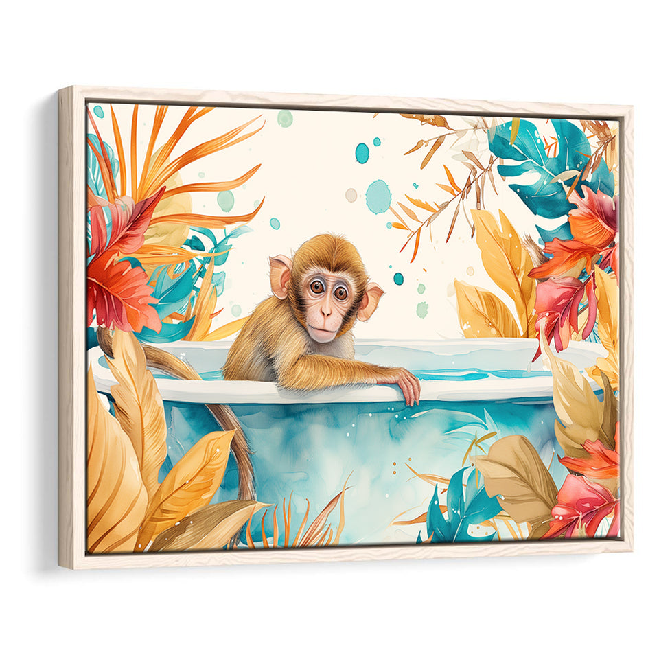 Baby Monkey In Bathtub Bathroom Print Tropical Leave, Bathroom Art Decor Framed Canvas Prints Wall Art,Floating Frame