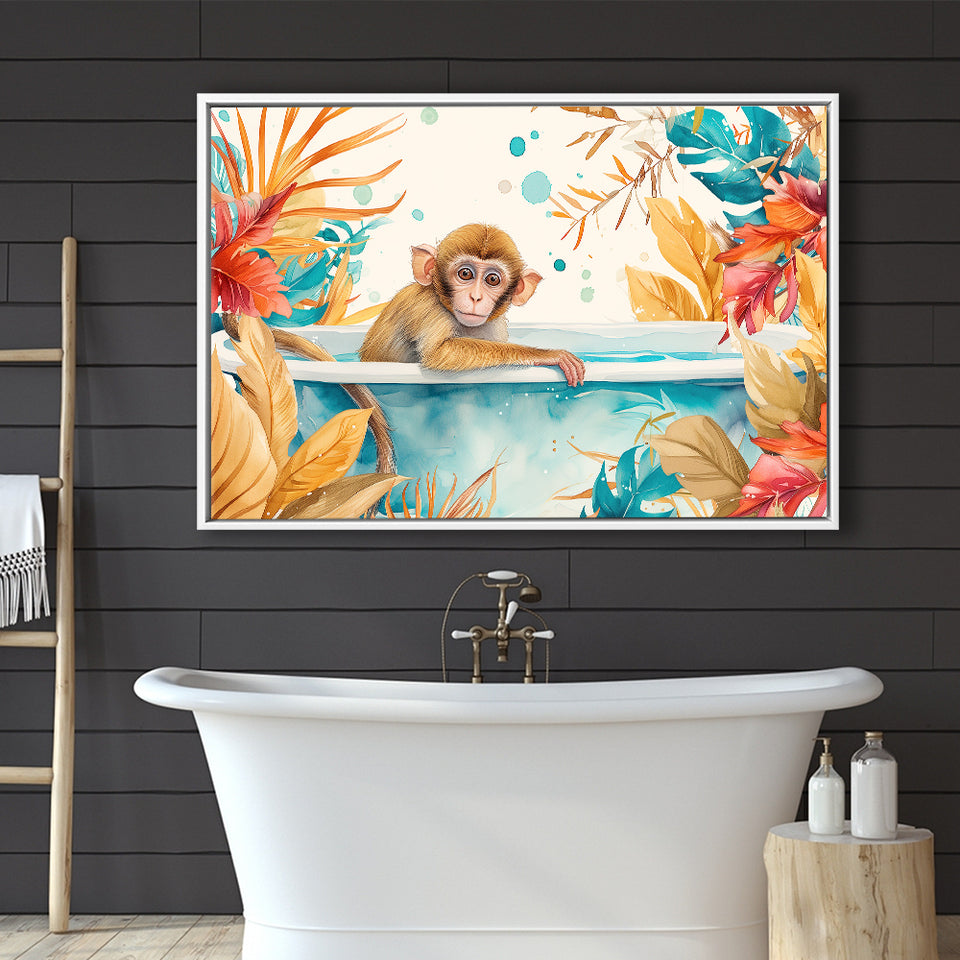 Baby Monkey In Bathtub Bathroom Print Tropical Leave, Bathroom Art Decor Framed Canvas Prints Wall Art,Floating Frame