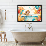 Baby Monkey In Bathtub Bathroom Print Tropical Leave, Bathroom Art Decor Framed Art PrintsWall Art, Animal Bathroom Art