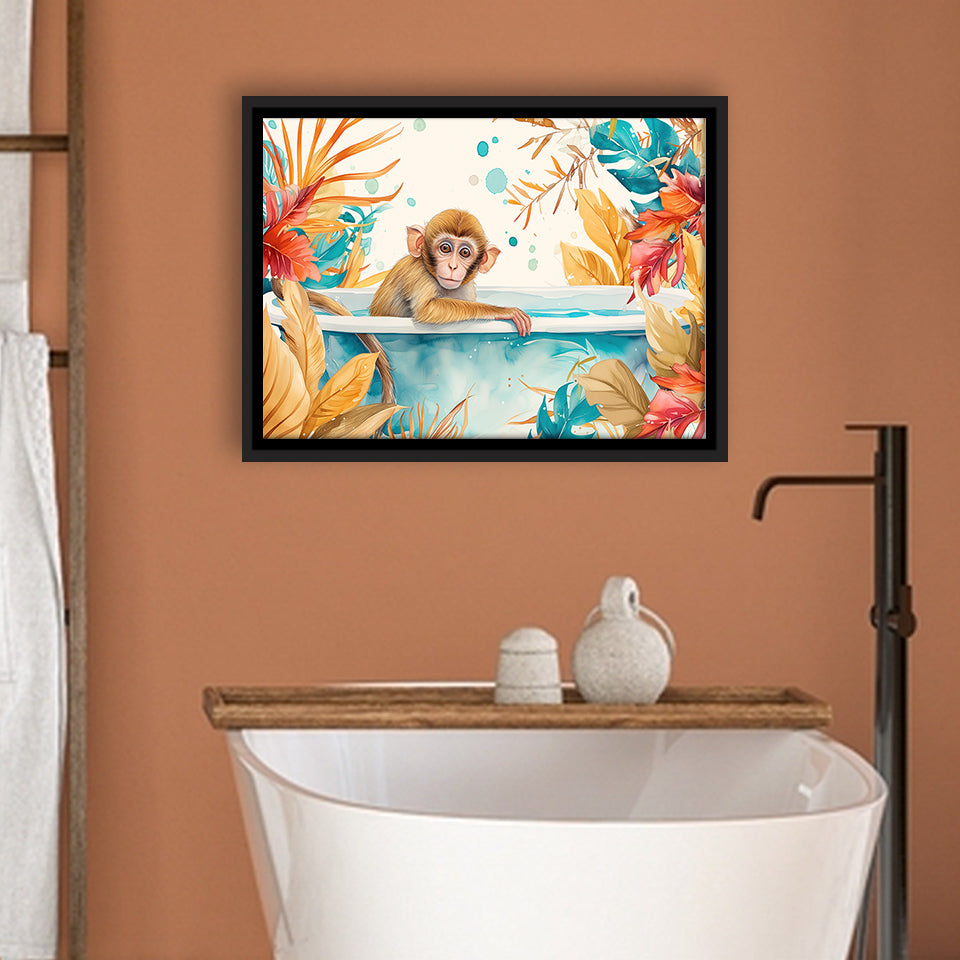 Baby Monkey In Bathtub Bathroom Print Tropical Leave, Bathroom Art Decor Framed Canvas Prints Wall Art,Floating Frame