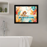 Baby Monkey In Bathtub Bathroom Print Tropical Leave, Bathroom Art Decor Framed Art PrintsWall Art, Animal Bathroom Art