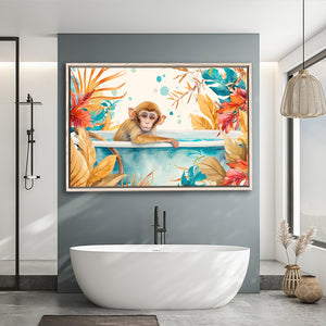 Baby Monkey In Bathtub Bathroom Print Tropical Leave, Bathroom Art Decor Framed Canvas Prints Wall Art,Floating Frame