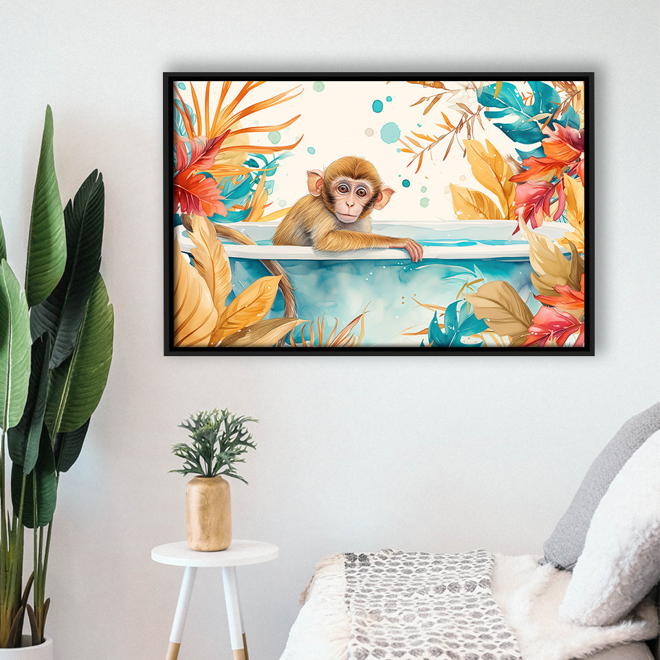 Baby Monkey In Bathtub Bathroom Print Tropical Leave, Bathroom Art Decor Framed Canvas Prints Wall Art,Floating Frame