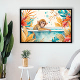 Baby Monkey In Bathtub Bathroom Print Tropical Leave, Bathroom Art Decor Framed Canvas Prints Wall Art,Floating Frame