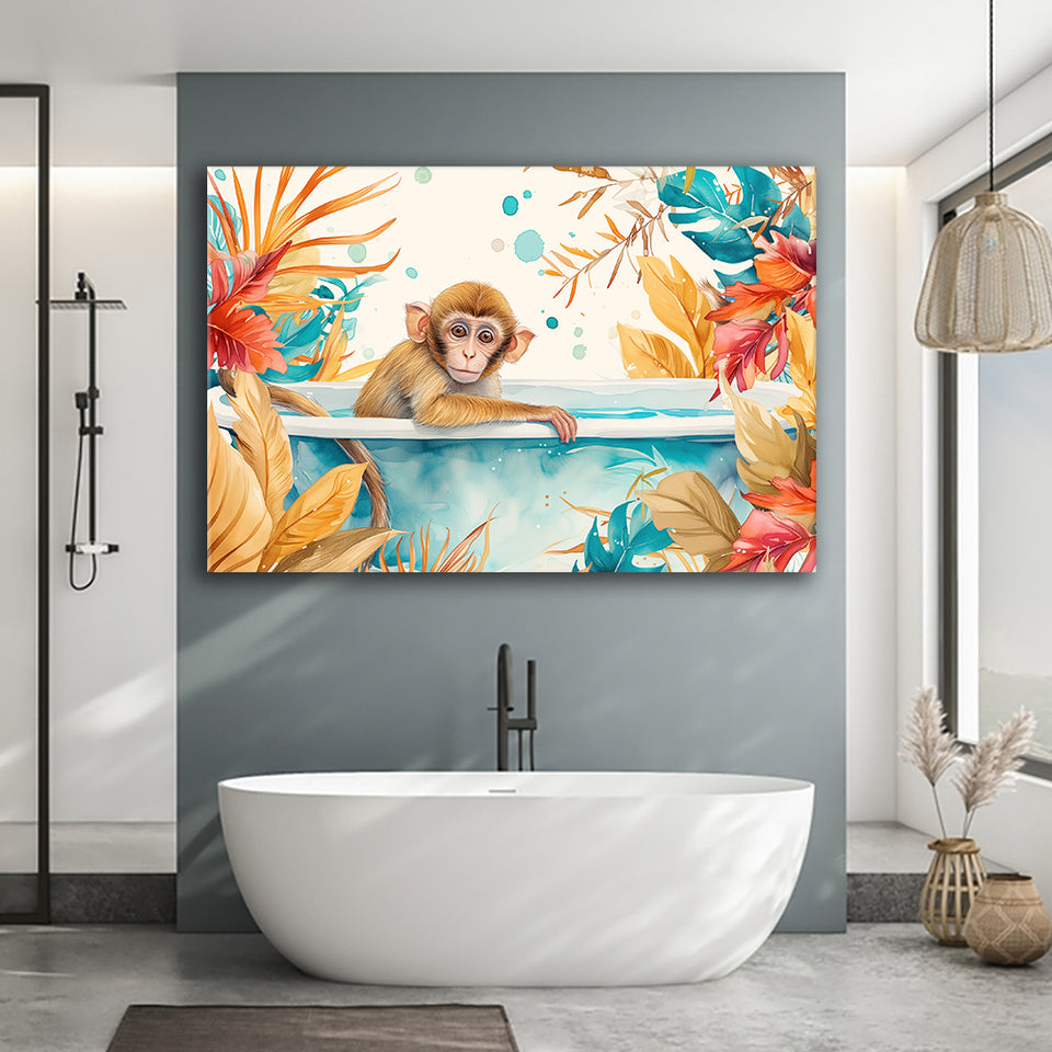 Baby Monkey In Bathtub Bathroom Print Tropical Leave, Bathroom Art Decor Canvas Prints Wall Art, Animal Bathroom Art