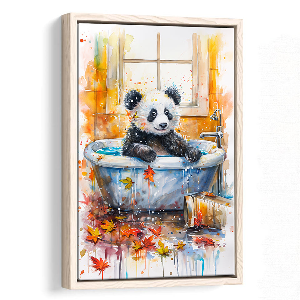 Baby Panda In Bathtub Bathroom Decor Print Tropical Leave Framed Canvas Prints Wall Art, Bathroom Framed Art Decor