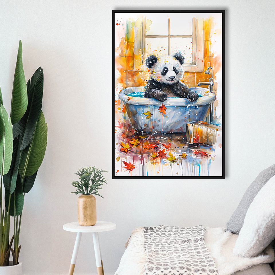 Baby Panda In Bathtub Bathroom Decor Print Tropical Leave Framed Canvas Prints Wall Art, Bathroom Framed Art Decor