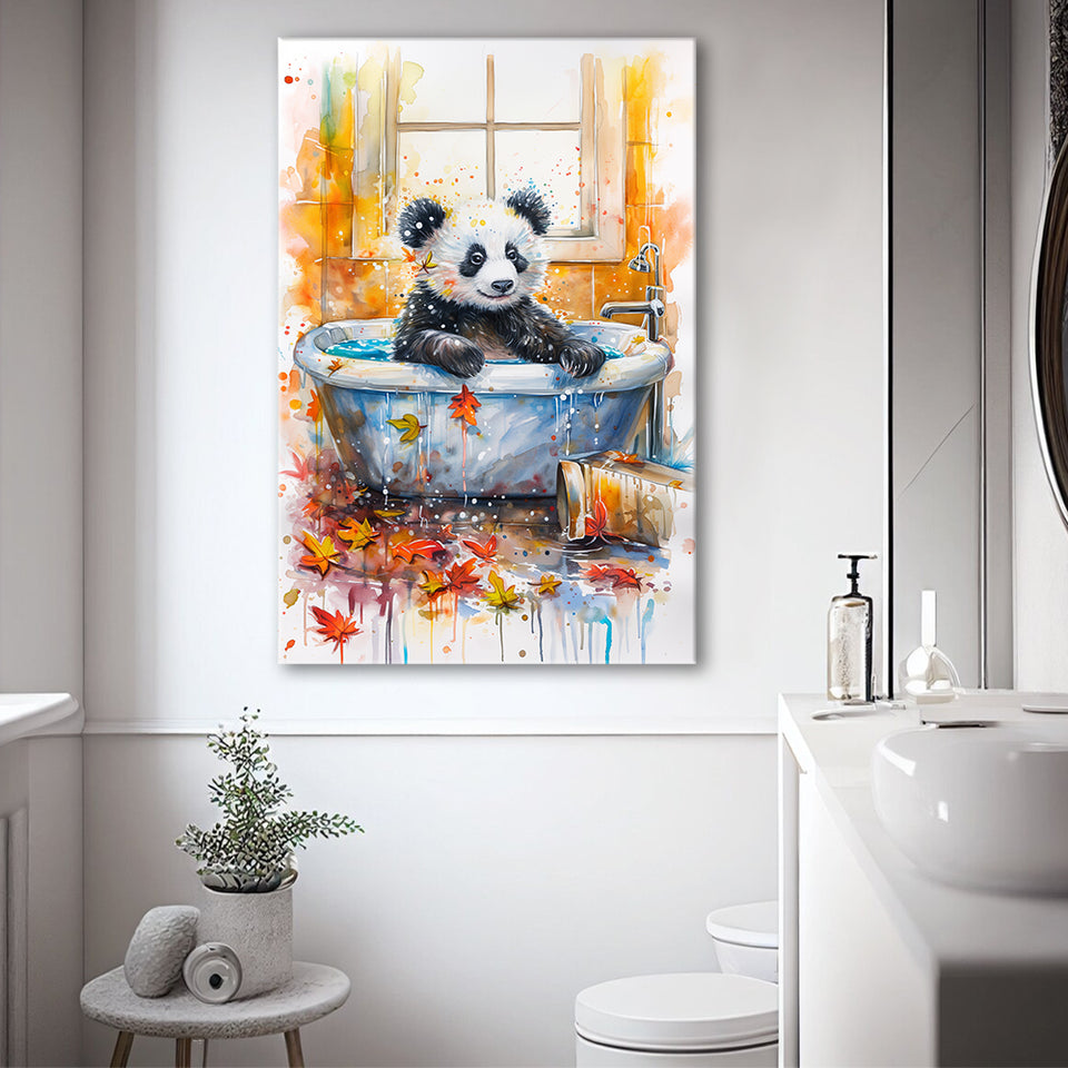 Baby Panda In Bathtub Bathroom Decor Print Tropical Leave Canvas Prints Wall Art, Bathroom Art Decor,