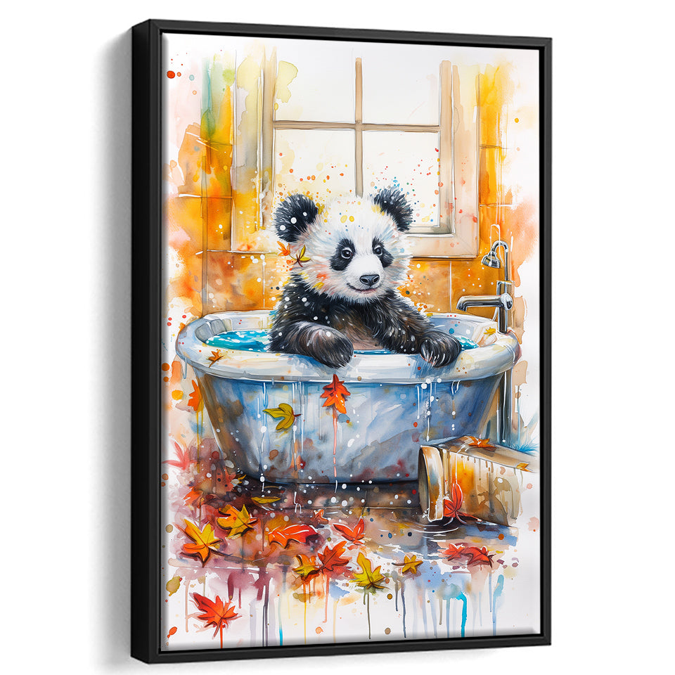 Baby Panda In Bathtub Bathroom Decor Print Tropical Leave Framed Canvas Prints Wall Art, Bathroom Framed Art Decor