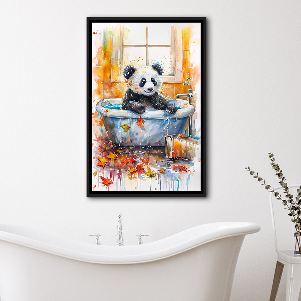 Baby Panda In Bathtub Bathroom Decor Print Tropical Leave Framed Canvas Prints Wall Art, Bathroom Framed Art Decor