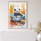 Baby Panda In Bathtub Bathroom Decor Print Tropical Leave Framed Canvas Prints Wall Art, Bathroom Framed Art Decor