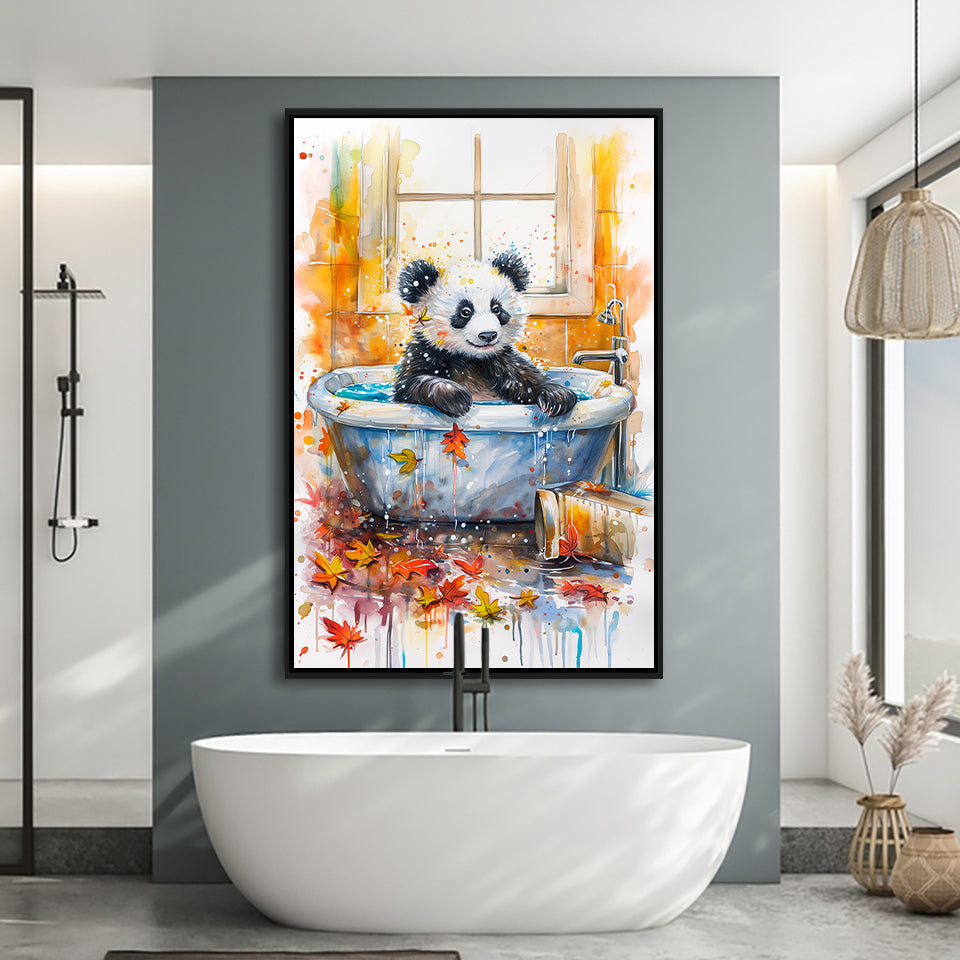 Baby Panda In Bathtub Bathroom Decor Print Tropical Leave Framed Canvas Prints Wall Art, Bathroom Framed Art Decor