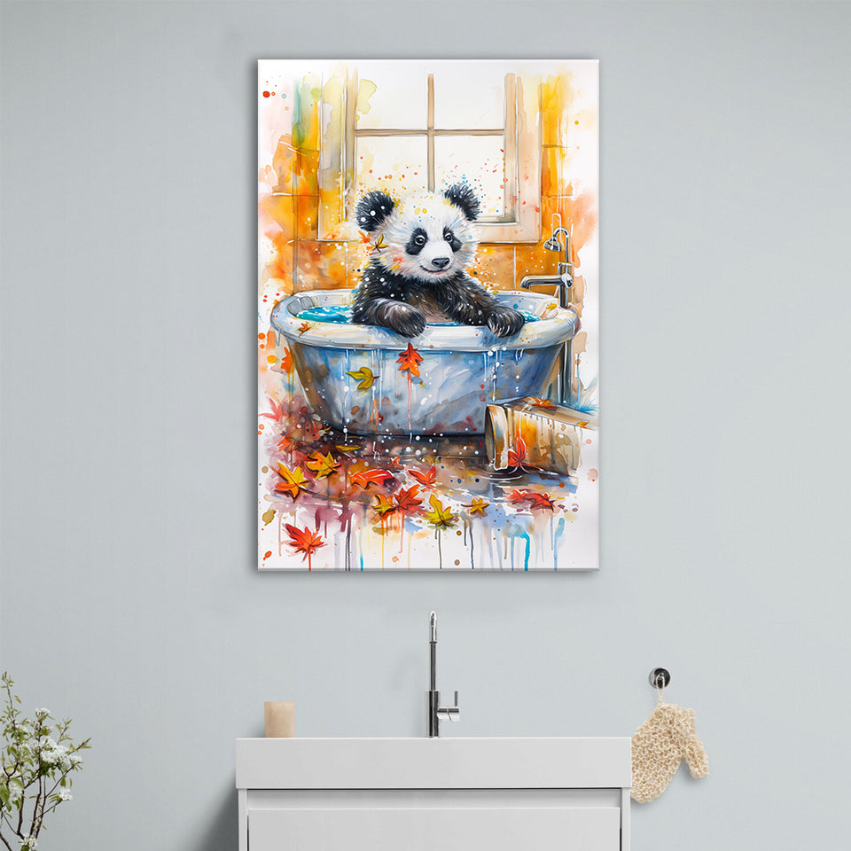Baby Panda In Bathtub Bathroom Decor Print Tropical Leave Canvas Prints Wall Art, Bathroom Art Decor,