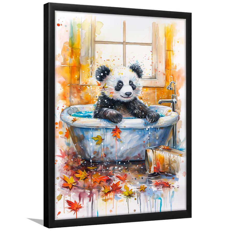 Baby Panda In Bathtub Bathroom Decor Print Tropical Leave Framed Art Print Wall Decor, Bathroom Framed Art Decor